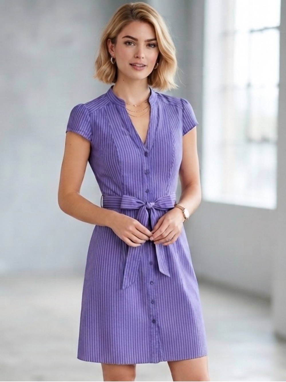 H&M Violet Striped Cap Sleeve Dress with Belt
